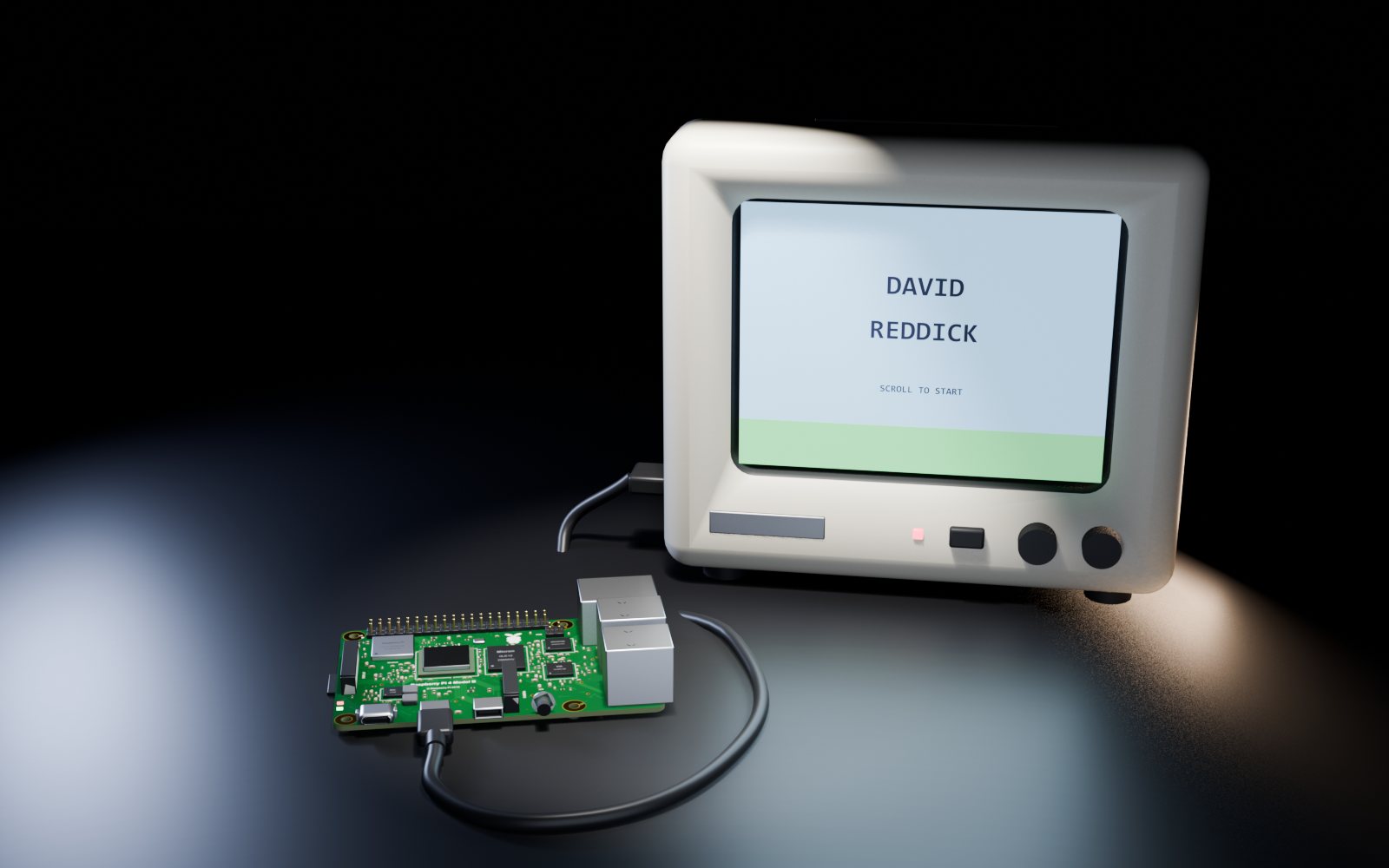 A Raspberry Pi wired to a retro CRT showing the title screen: David Reddick, scroll to start