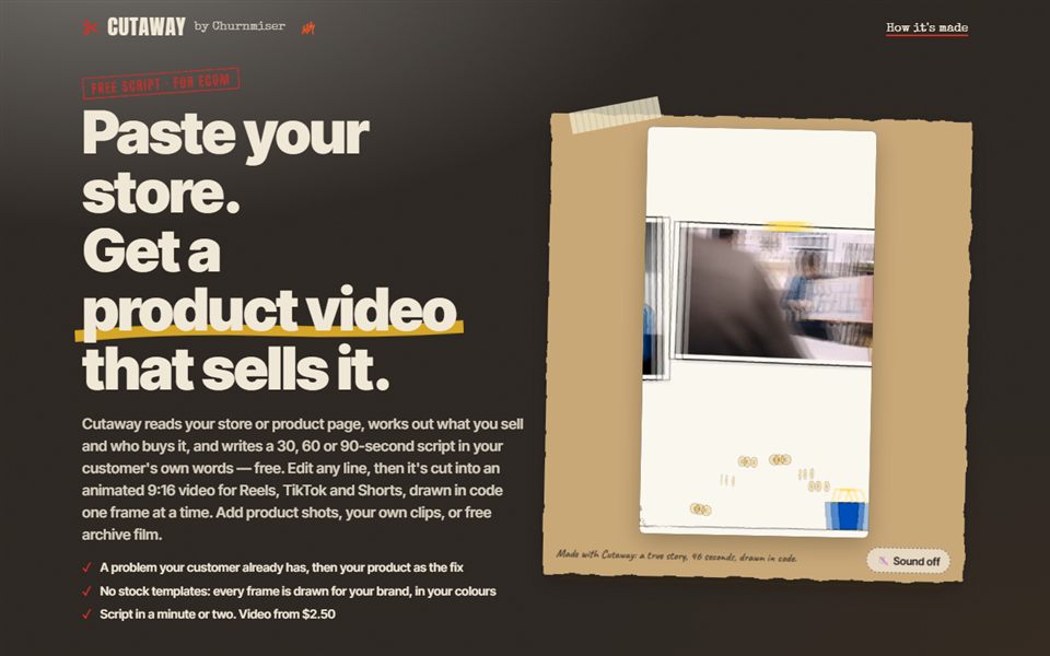 Cutaway homepage: paste your store, get a product video that sells it